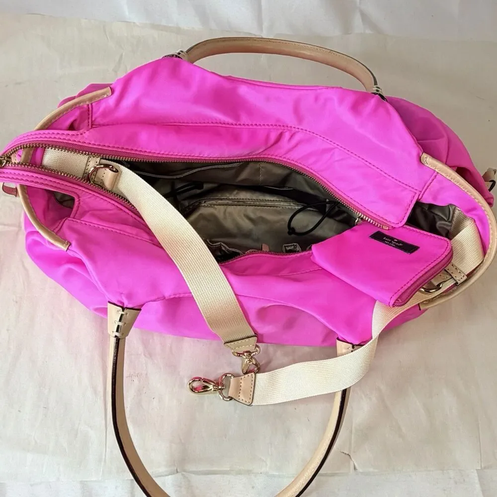 Kate Spade NY Classic Nylon Stevie Pink Beige Logo Diaper Bag Tote Travel EUC